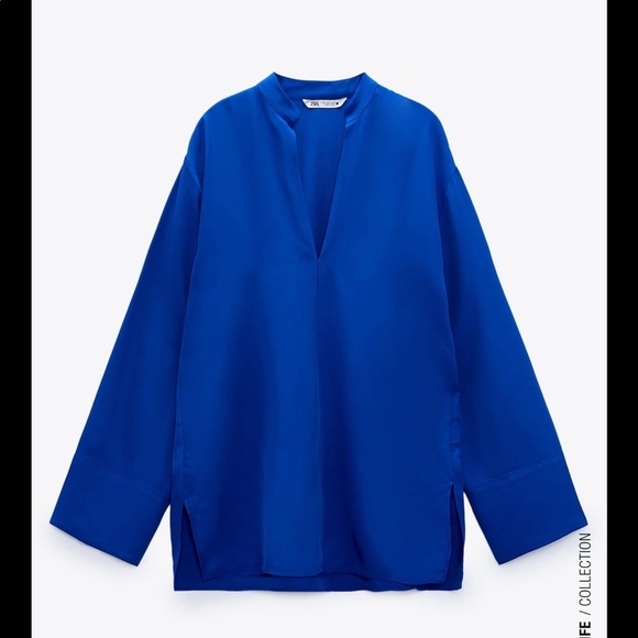ZARA NEW WOMAN SS21 BLUISH FLOWING BLOUSE WITH VENTS - Picture 4 of 9